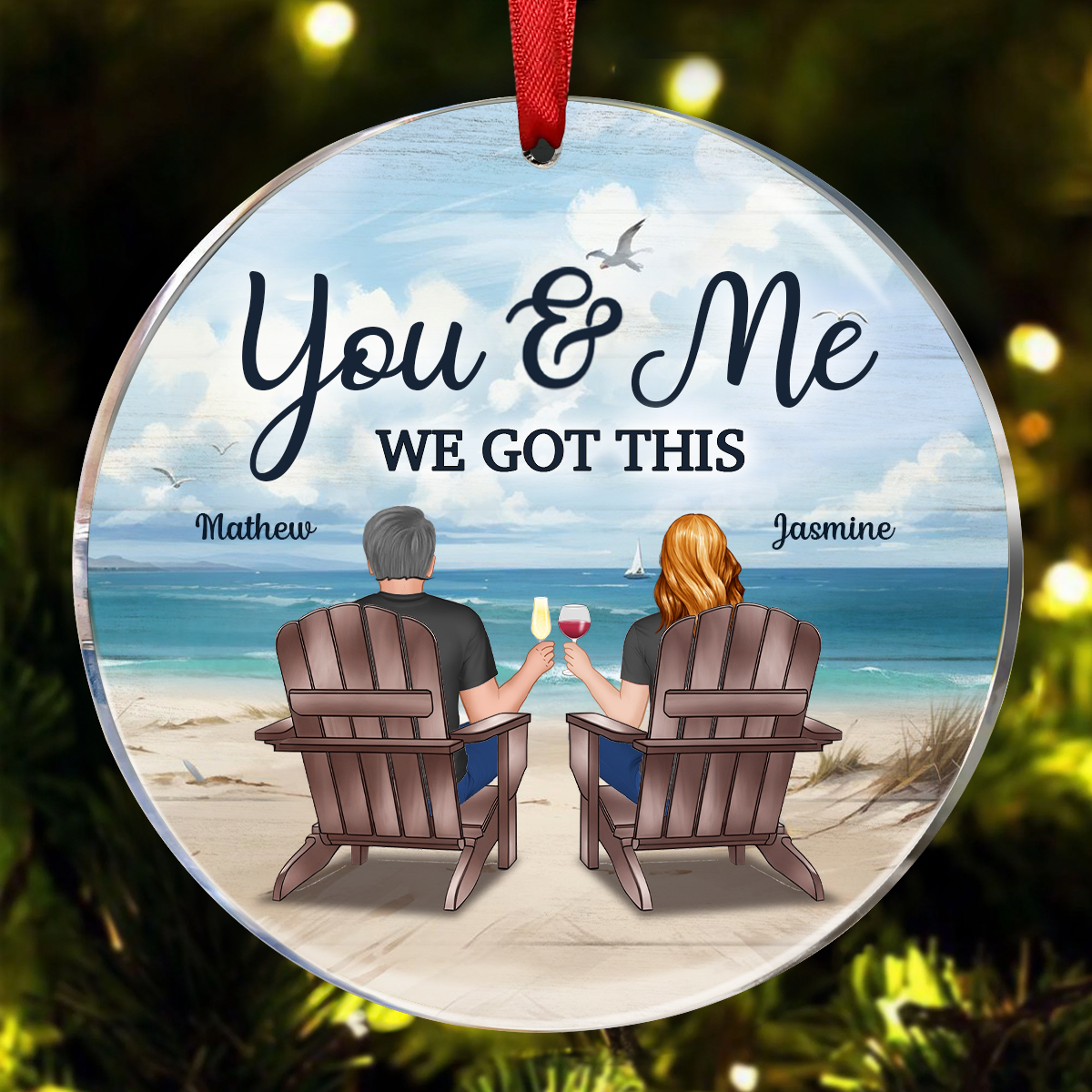 Back View Couple Sitting Beach Landscape Personalized Circle Ornament