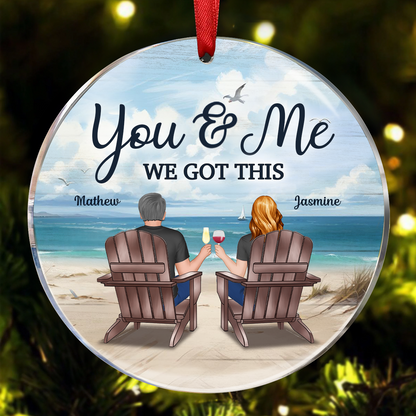 Back View Couple Sitting Beach Landscape Personalized Circle Ornament