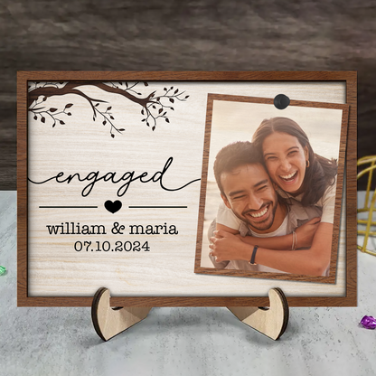 Custom Photo Engaged Married Couple - Personalized 2-Layered Wooden Plaque With Stand