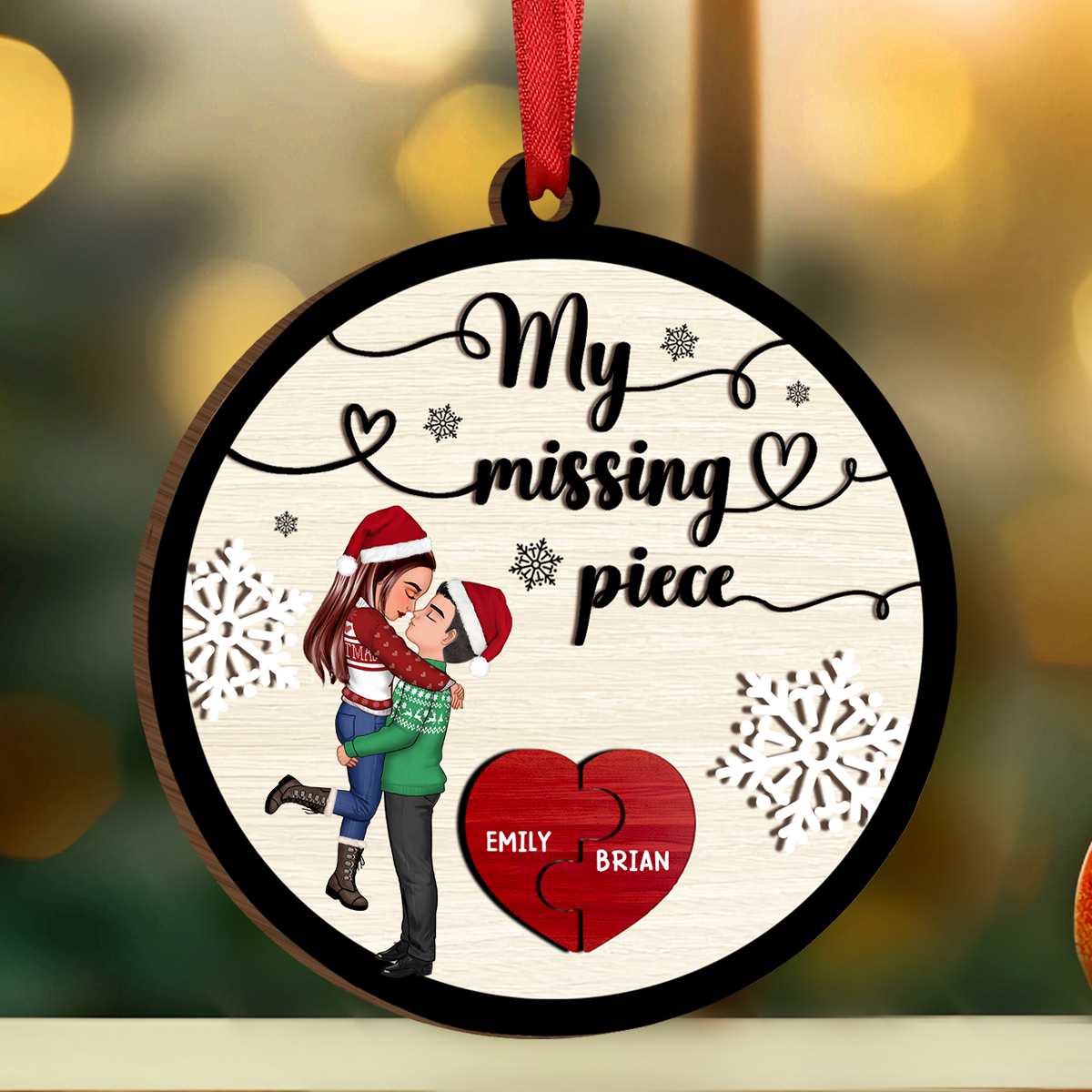 My Missing Piece Christmas Couple Hugging Kissing - Personalized Wooden Ornament