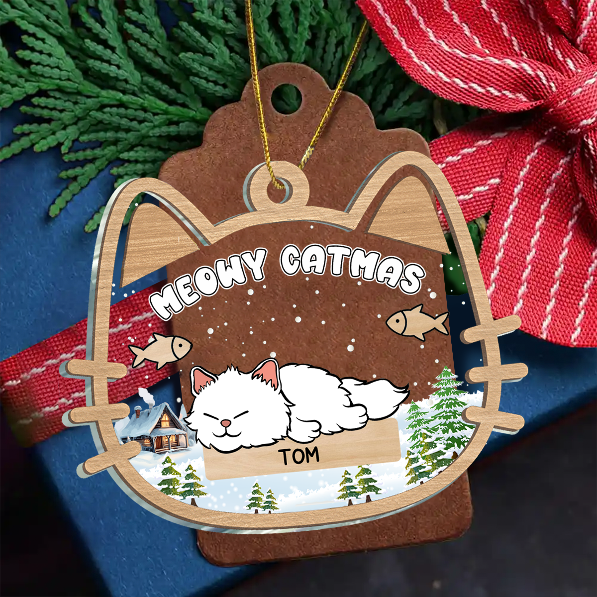 Lying Cat Meowy Catmas - Personalized Ornament