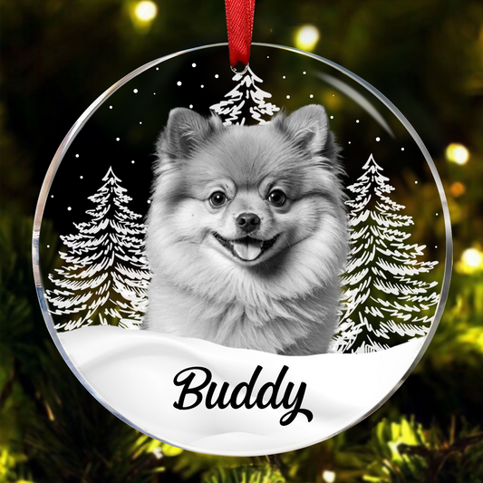 Custom Photo Grayscale Dog Face Pet Memorial - Personalized Circle Acrylic Ornament