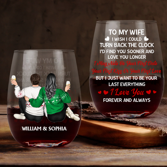 I Wish I Could Turn Back The Clock Anniversary Couple - Personalized Stemless Wine Glass