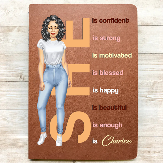 She Is Confident Strong Motivated - Personalized Leather Journal