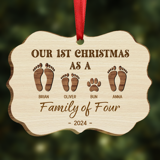 First Christmas As A Family Of Four Footprints - Personalized Medallion Wooden Ornament