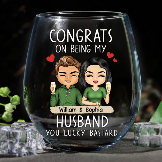 Congrats On Being My Husband Chibi Couples - Personalized Stemless Wine Glass