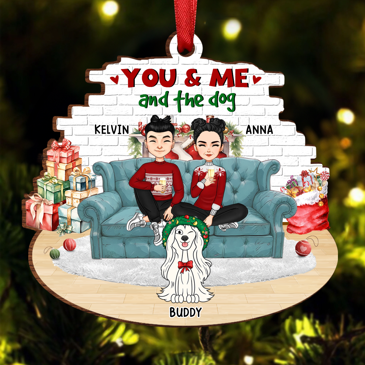 You And Me And The Dogs Cartoon Couples Christmas - Personalized Custom Shaped Wooden Ornament