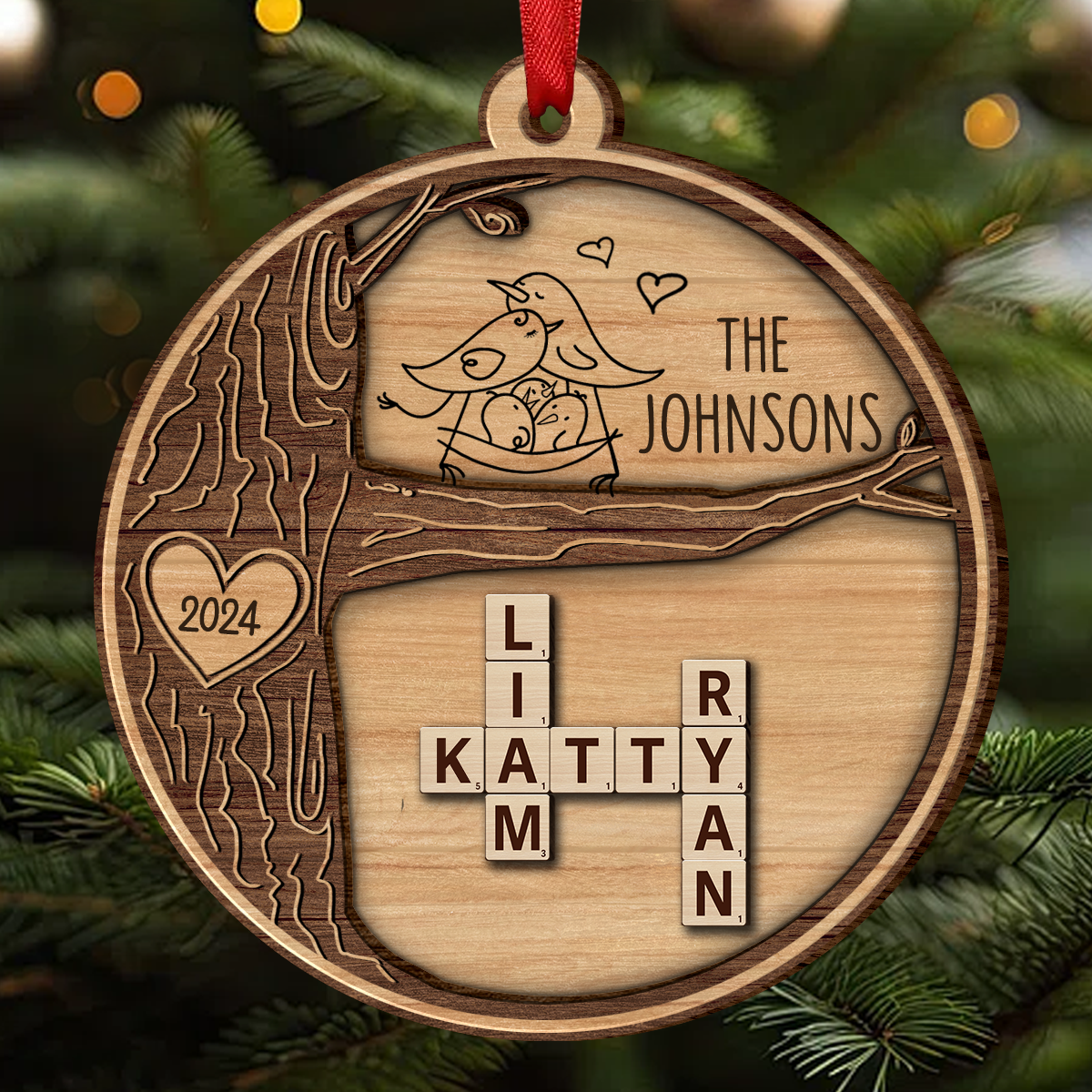 Family Tree Crossword Puzzle Art, Personalized 2-Layered Wooden Ornament