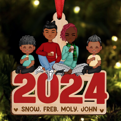 Family Sitting Together - Family Personalized Custom Ornament - Wood Unique Shaped