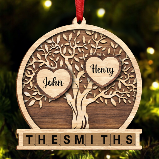 Family Heart Tree Of Life 2-Layered Wooden Ornament, Personalized Family Crossword 2-Layered Wooden Ornament