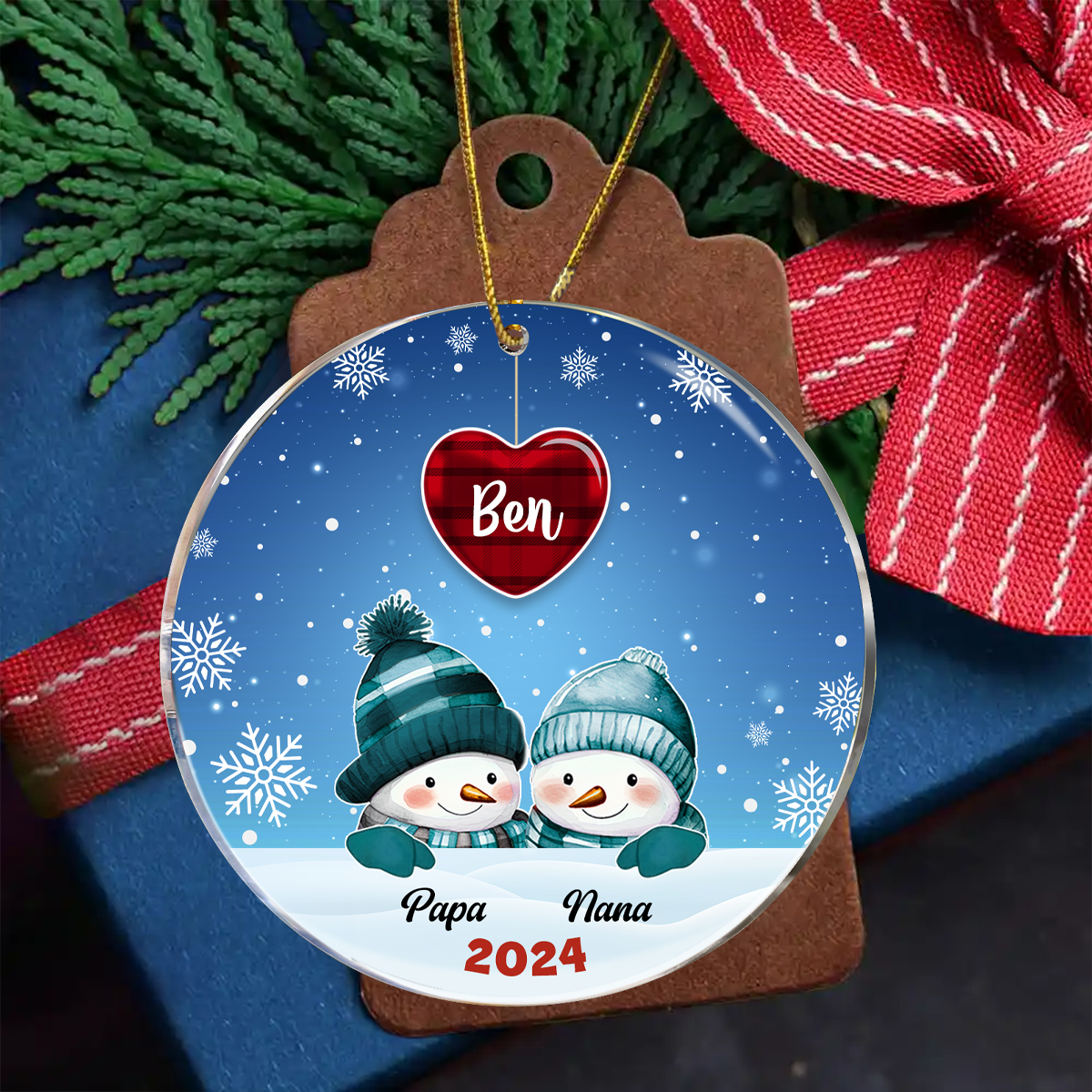 Papa Nana Snowman Christmas Grandparents - Personalized Circle Acrylic Ornament