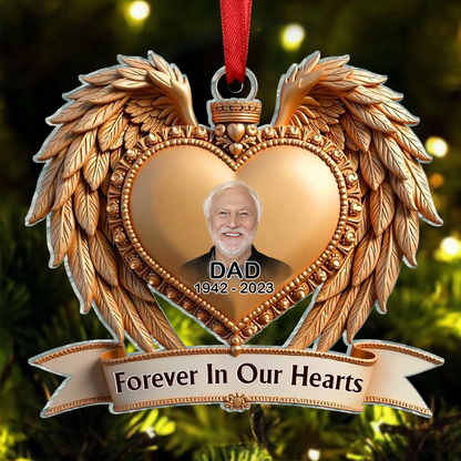 Forever In Our Hearts Angel Wings Photo Upload Memorial 3D Effect Personalized Acrylic Flat Ornament