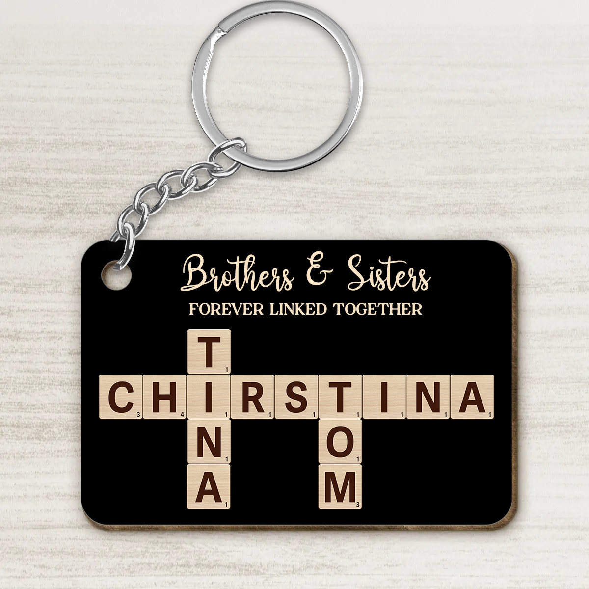 Brothers & Sisters Forever Linked Together Crossword Puzzle Art Personalized Wooden Keychain, Christmas Gift For Brothers, Sisters, Siblings, Family