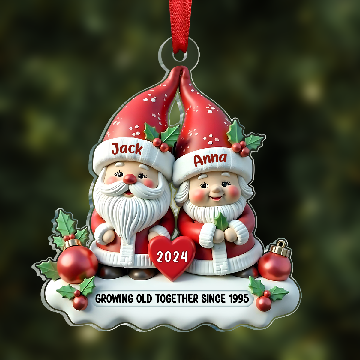 Personalized Snowman Family Acrylic Christmas Ornament, Red Truck Custom Name 3D Effect Ornament