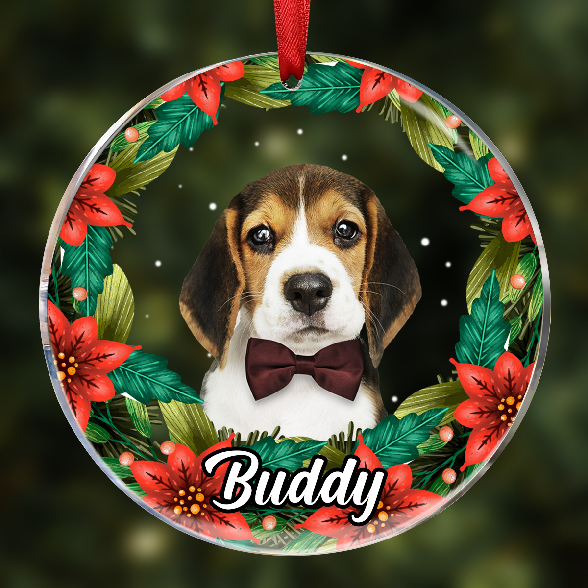 Custom Photo Pet Face Christmas Wreath Dog Cat Pet Memorial - Personalized Circle Glass Ornament