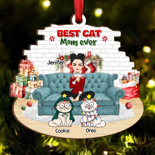 Best Cat Mom Ever Christmas - Personalized Custom Shaped Wooden Ornament