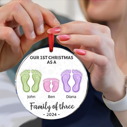 First Christmas As A Family Of Four Footprints - 3D Inflated Effect Printed Ornament, Personalized Circle Ornament