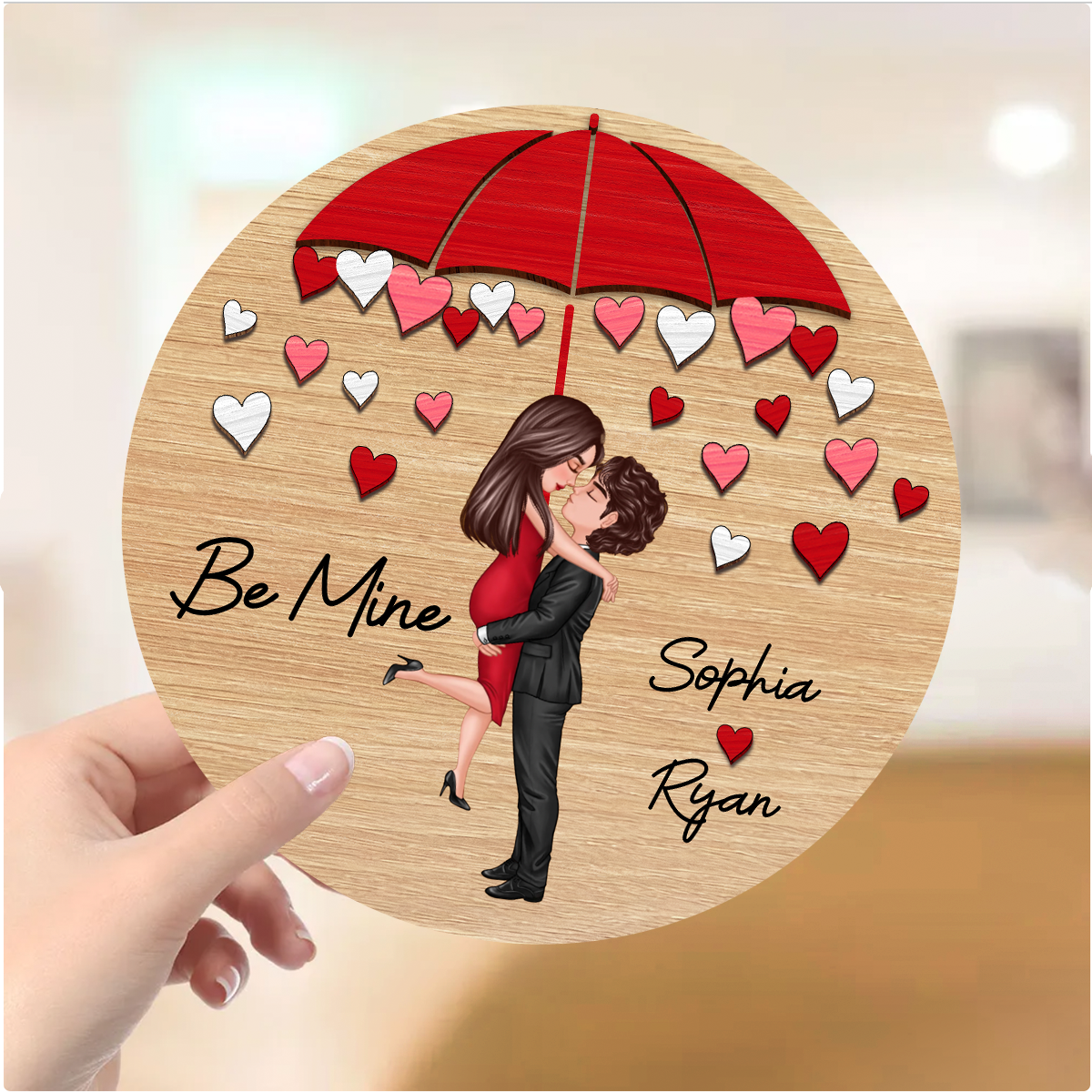 Couple Hugging Kissing Under Umbrella Valentine‘s Day Gift Personalized 2-layer Wooden Plaque