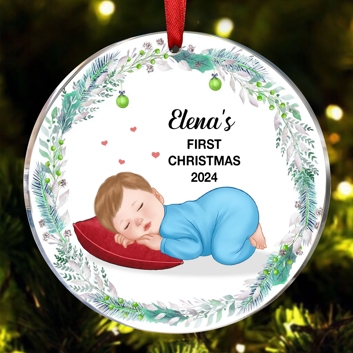 Sleeping Baby First Christmas Personalized Circle Ornament