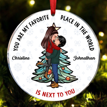 Christmas Couple Kissing My Favorite Place In All The World - Personalized Circle Ornament