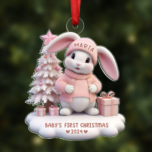 3D Effect Cute Bunny Baby's First Christmas Personalized Acrylic Ornament, Christmas Gift For Newborns, New Grandparents