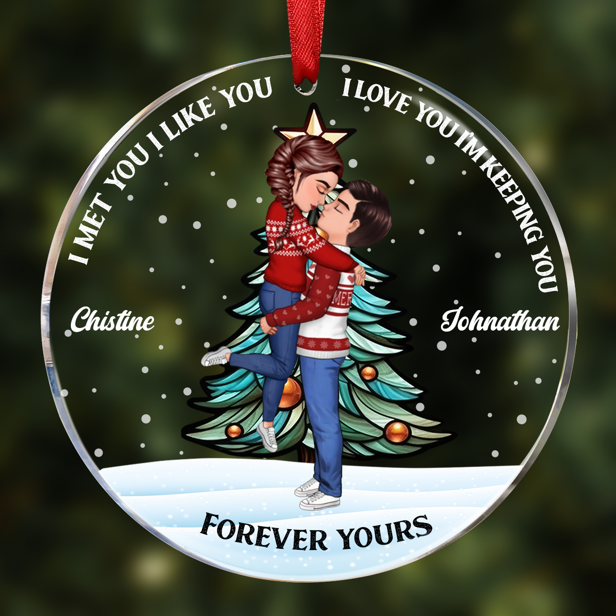 Christmas Couple Kissing Forever Yours - Personalized Circle Acrylic Ornament