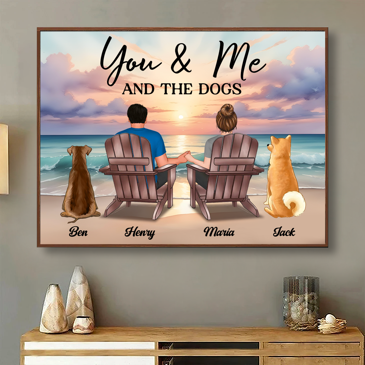 You Me And The Dogs Cats Couple Realistic Beach Landscape Personalized Poster, Birthday Gift, Anniversary Gift, Unique 2024 Christmas Gift For Him, For Her