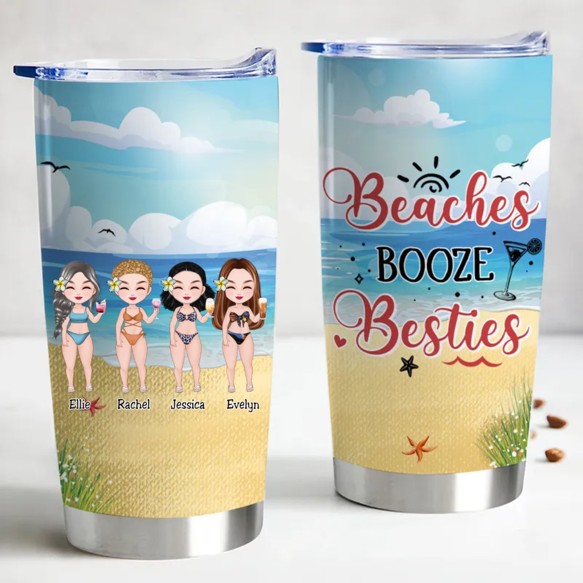 20oz Stainless Steel Insulated Tumbler - Personalized Beaches Booze Besties - Makezbright Gifts