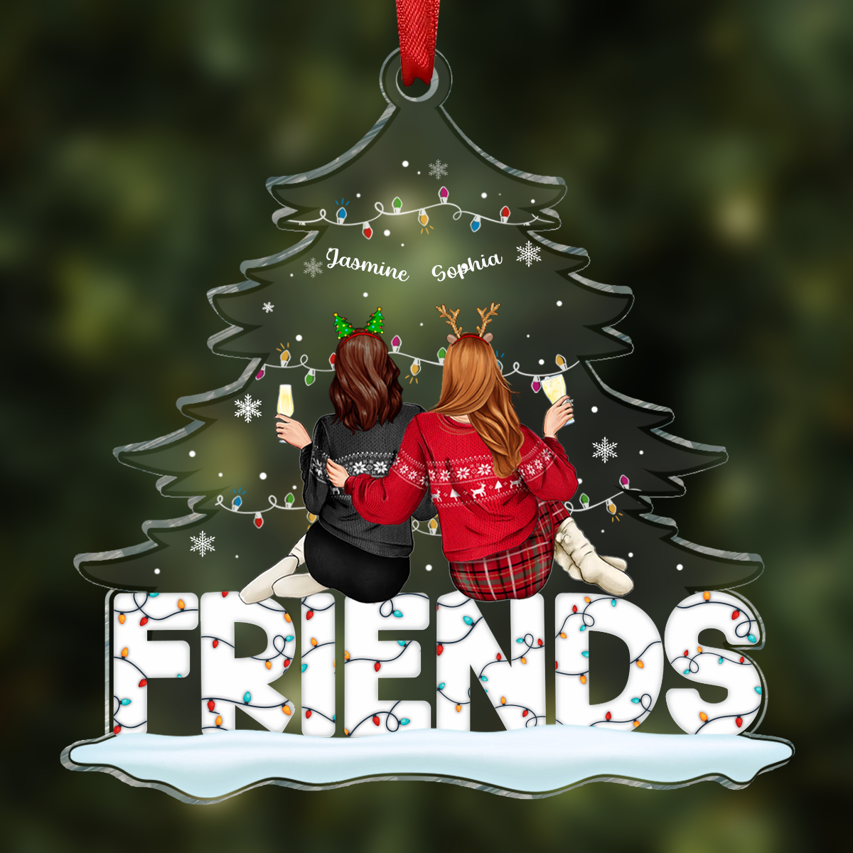 Besties Sitting Under Christmas Tree - Personalized Cutout Acrylic Ornament