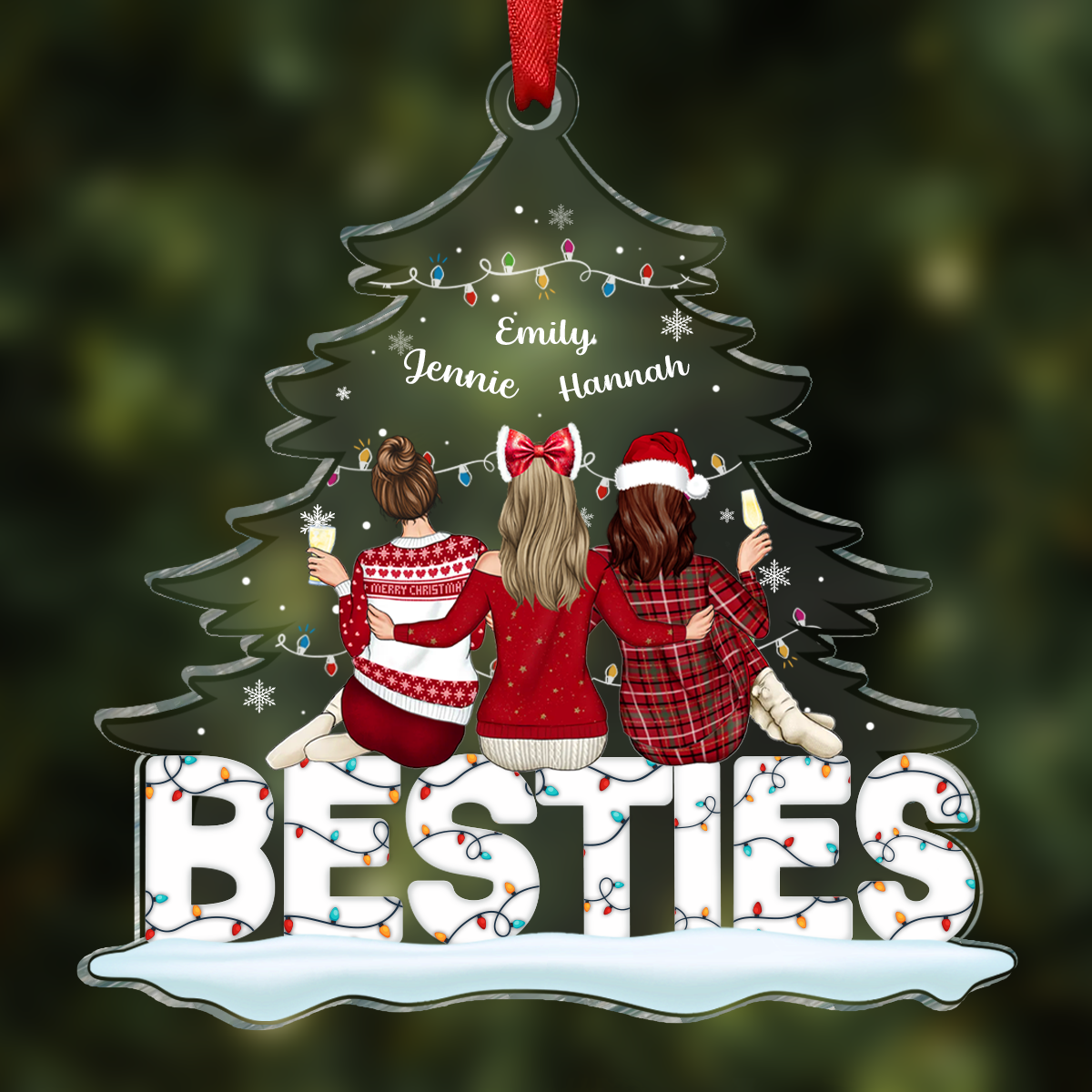 Besties Sitting Under Christmas Tree - Personalized Cutout Acrylic Ornament