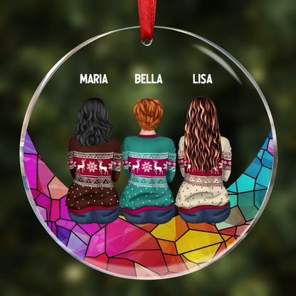 Family Sitting On The Moon - Stained Effect Printed, Personalized Circle Acrylic Ornament