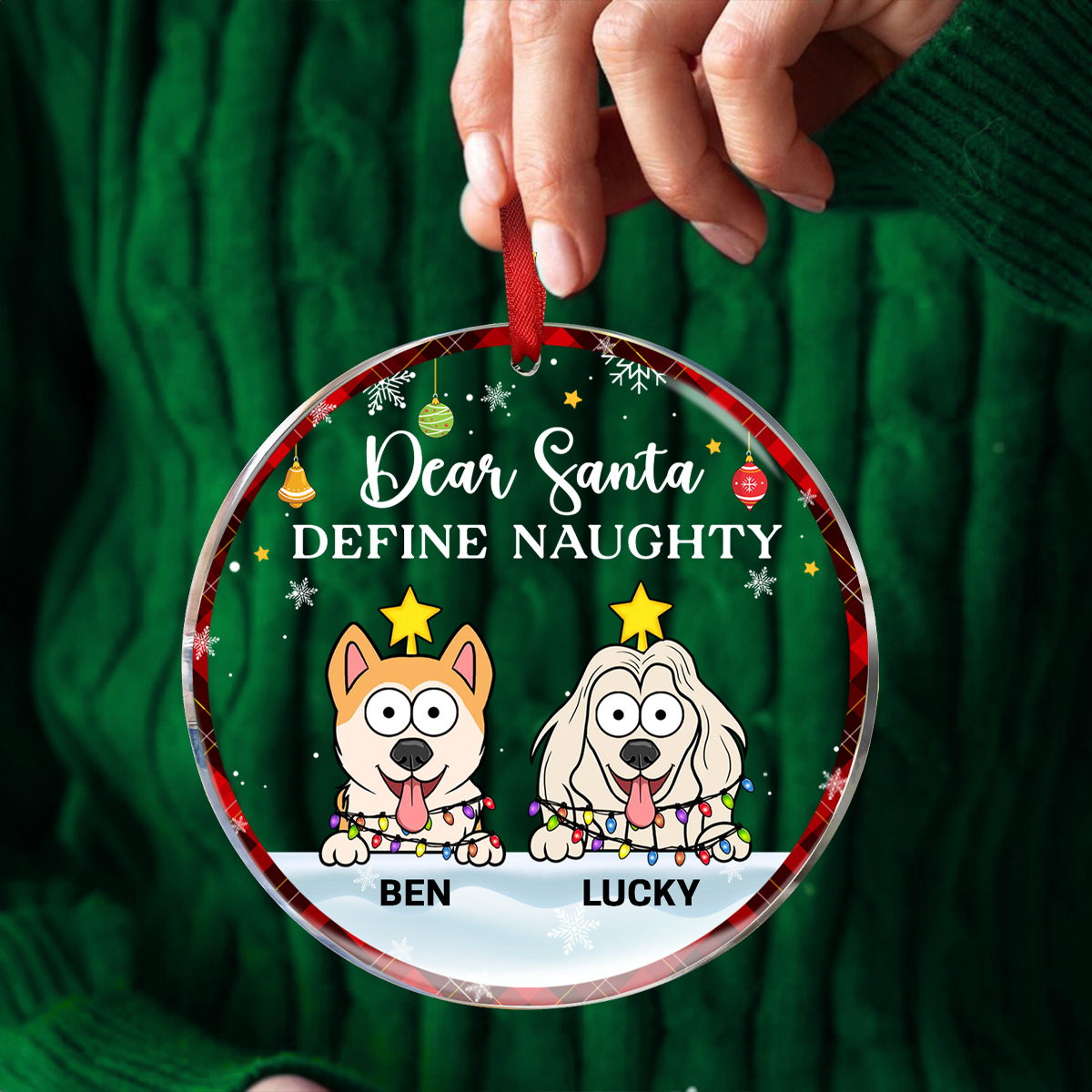 Dear Santa Define Naughty Christmas Dog Cat - Personalized Circle Glass Ornament