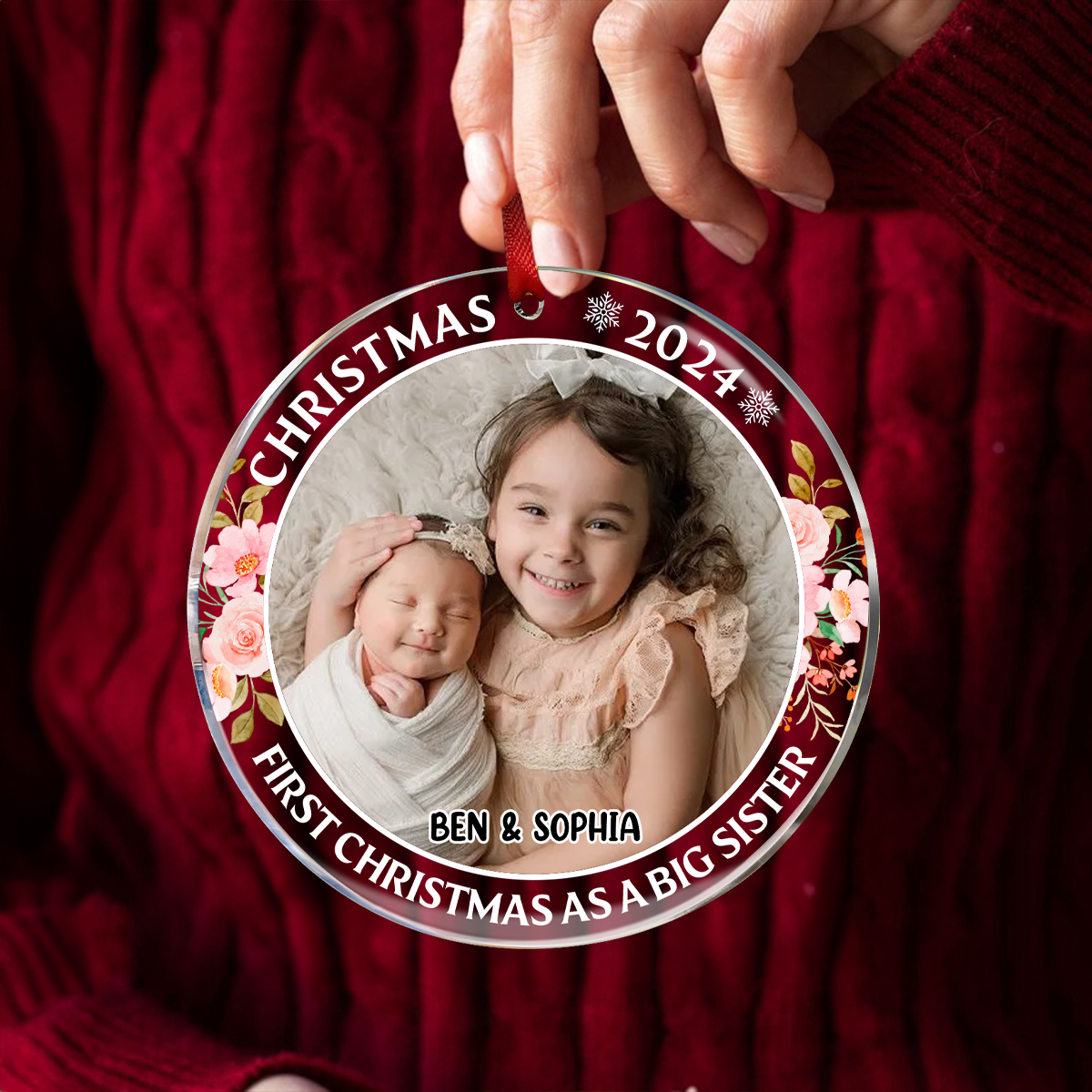 Custom Photo First Christmas As A Big Sister - Personalized Circle Acrylic Ornament