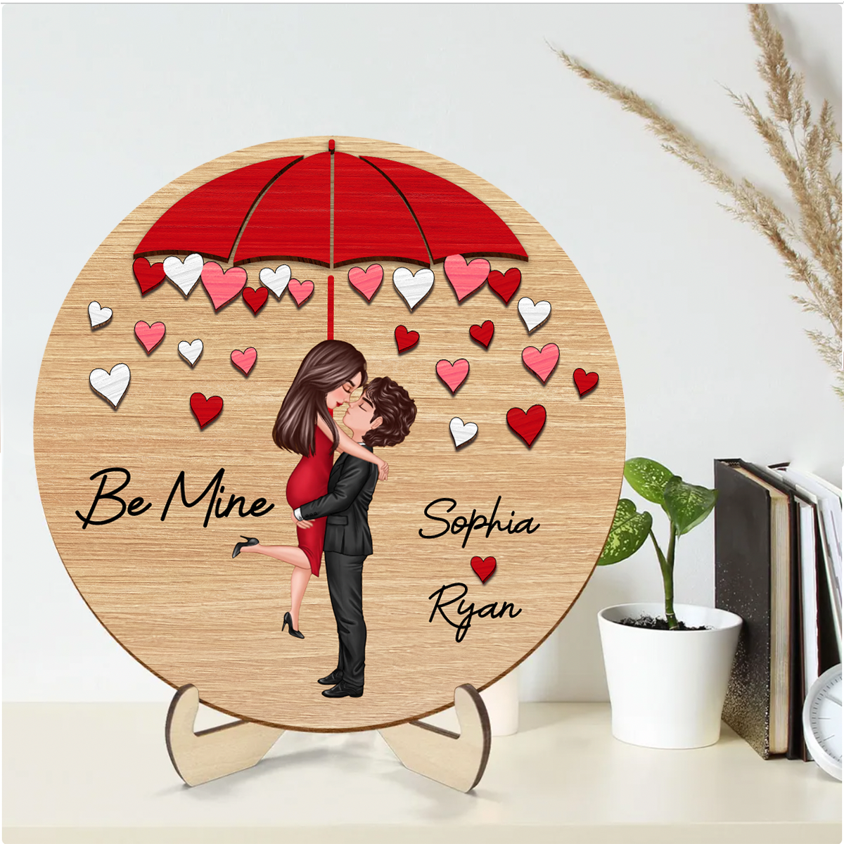 Couple Hugging Kissing Under Umbrella Valentine‘s Day Gift Personalized 2-layer Wooden Plaque