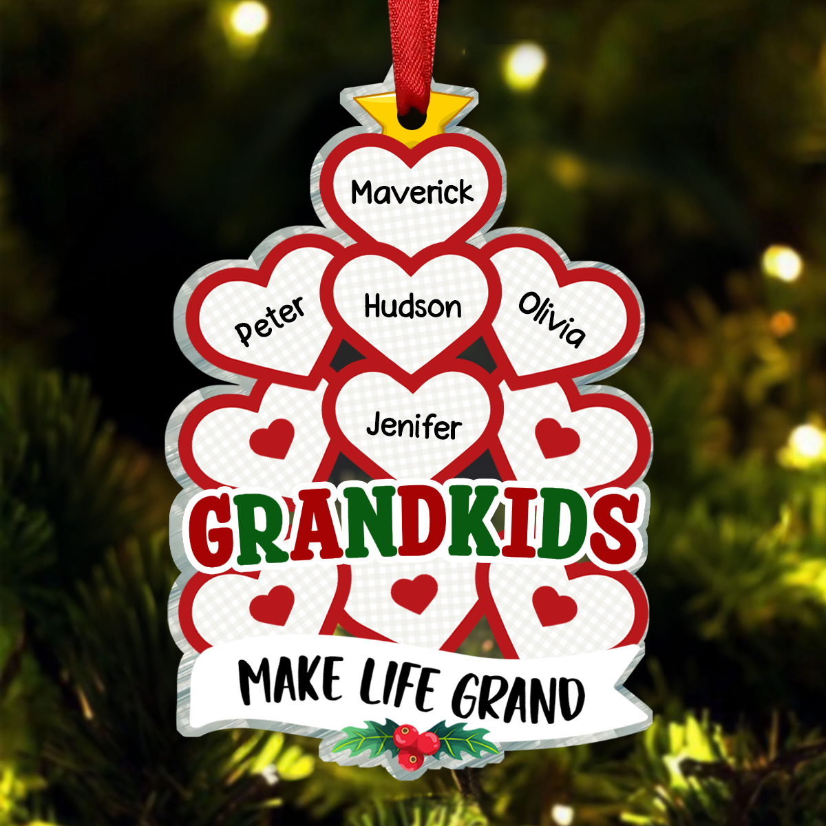 Grandkids Make Life Grand Hearts - Personalized Custom Shaped Acrylic Ornament