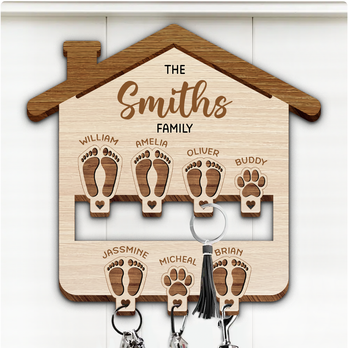 Family Feet Couple With Kids And Pets - Personalized Custom Shaped Key Holder