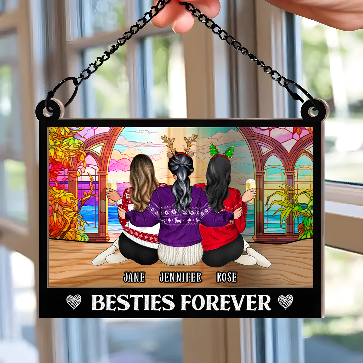 Besties Sisters Forever Landscape - Personalized Window Hanging Suncatcher Ornament