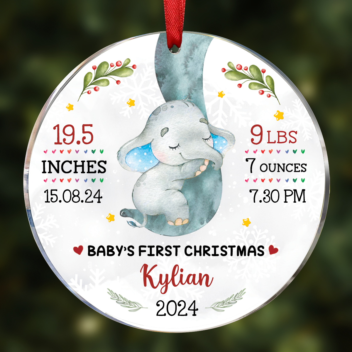 Family - Elephant Baby First Christmas 2024 - Personalized Circle Ornament