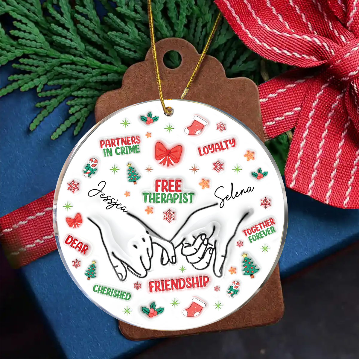 Christmas Besties Holding Hands Our Friendship Is The Greatest Gift - 3D Inflated Effect Printed Ornament, Personalized Circle Acrylic Ornament