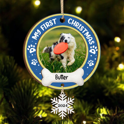 Custom Photo Dog Cat Pet's First Christmas - Personalized Mix Ornament With Wooden Tag