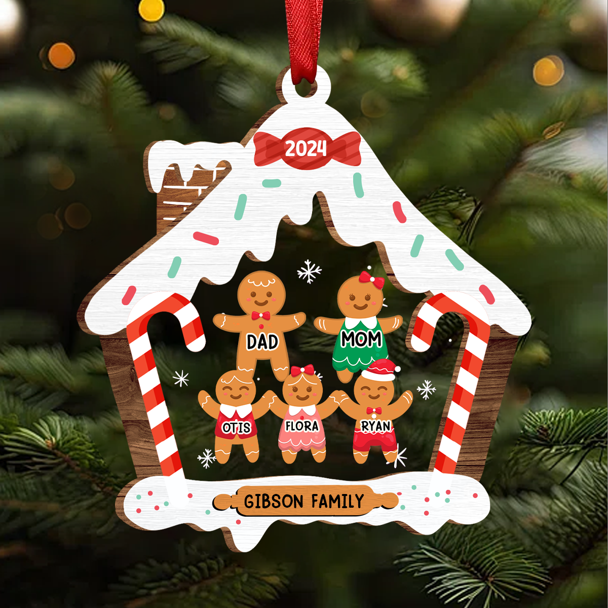 Gingerbread House Family With Pets Christmas - Personalized Acrylic Ornament