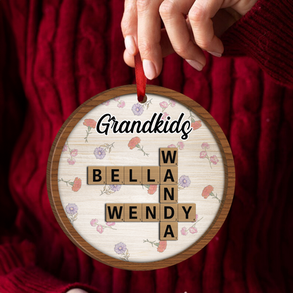 Grandkids Grandma's Garden Crossword Puzzle Art Birth Month Flower Personalized Wooden Ornament