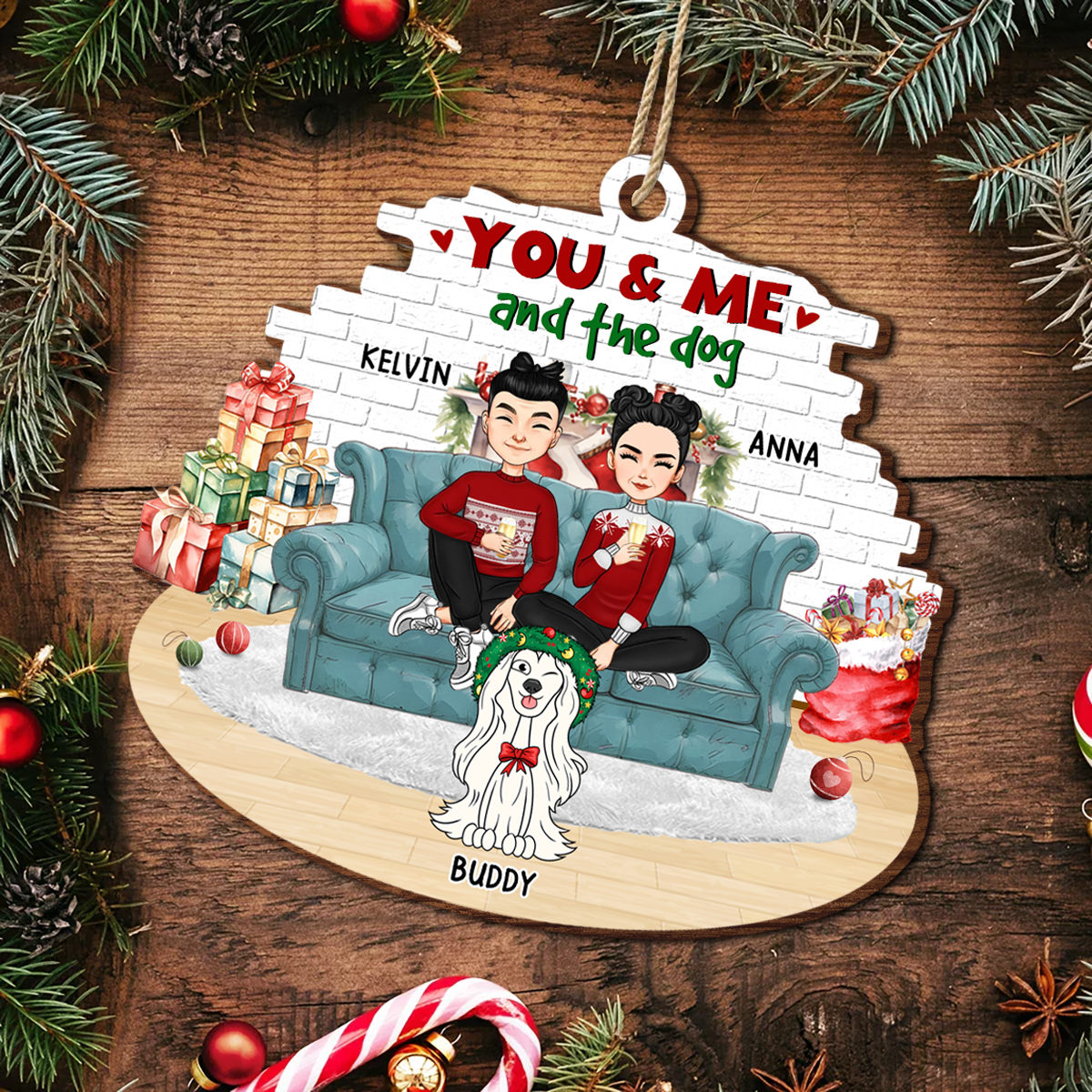 You And Me And The Dogs Cartoon Couples Christmas - Personalized Custom Shaped Wooden Ornament