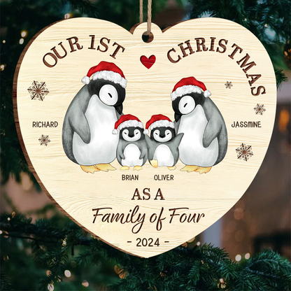 First Christmas As A Family Of Three Penguin - Personalized Custom Shaped Wooden Ornament