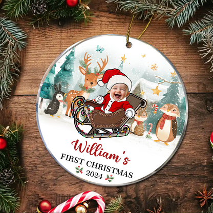 Custom Photo Baby's First Christmas Funny Face - Personalized Circle Ornament