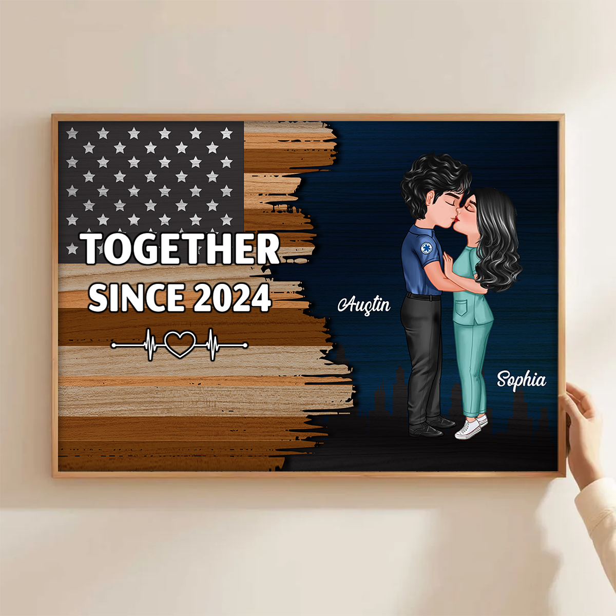 Hero Couple Kissing Half Flag Gifts by Occupation Firefighter, Nurse, Police Officer Personalized Horizontal Poster