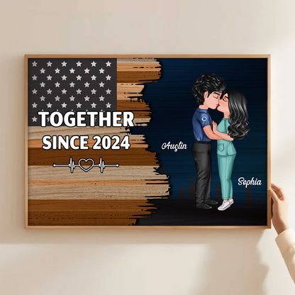 Hero Couple Kissing Half Flag Gifts by Occupation Firefighter, Nurse, Police Officer Personalized Horizontal Poster