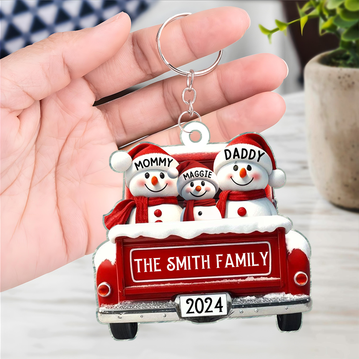 Personalized Snowman Family Acrylic Christmas Ornament, Red Truck Custom Name 3D Effect Ornament