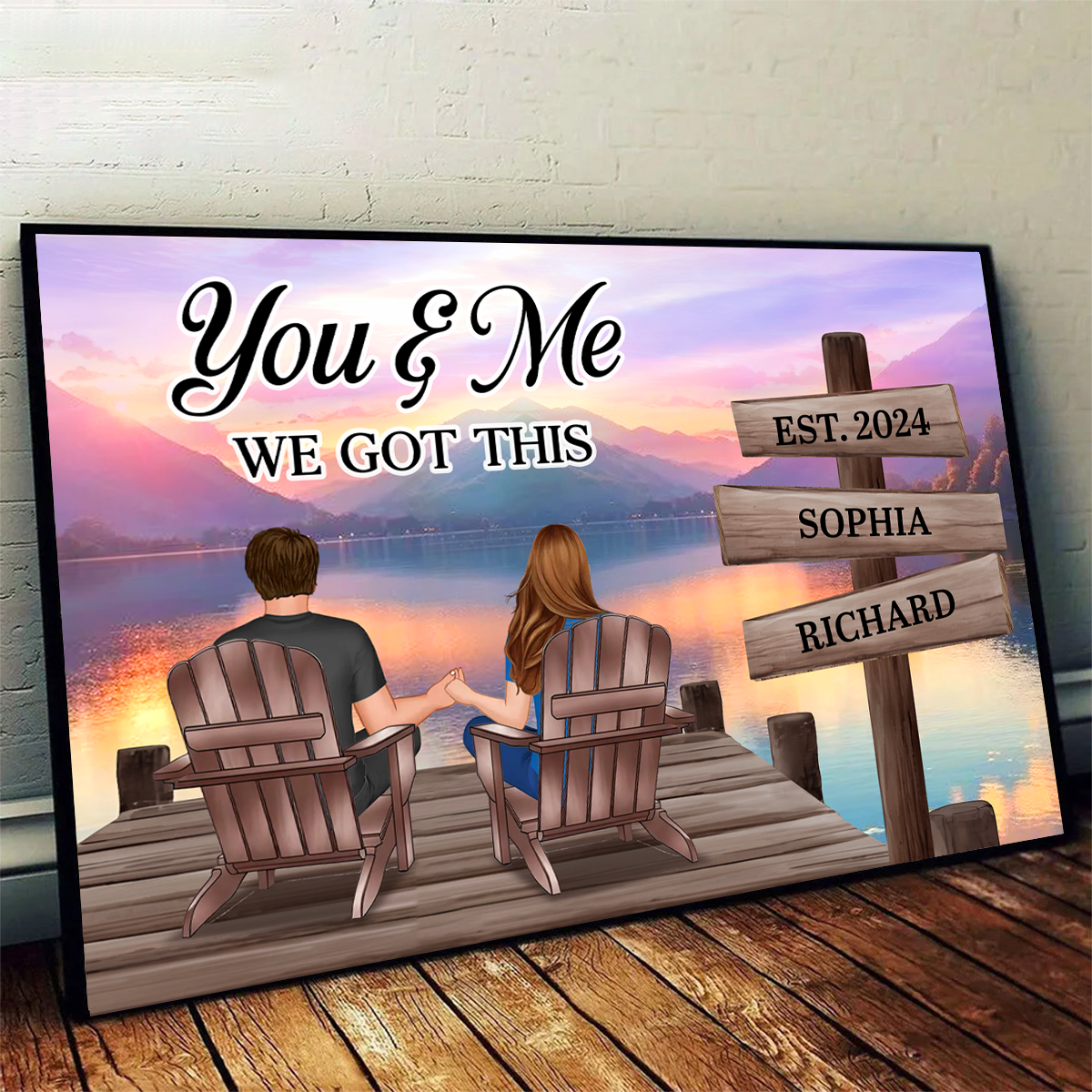 Lake Dock Couple Sitting Holding Hands Sign Posts Personalized Poster, Home Decoration, Gift For Her, For Him