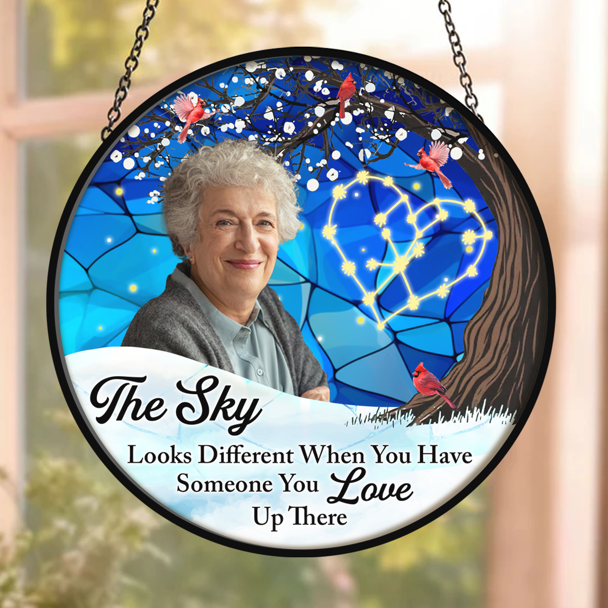 Custom Photo The Sky Looks Different Memorial Family - Personalized Stained Glass Window Hanging Suncatcher